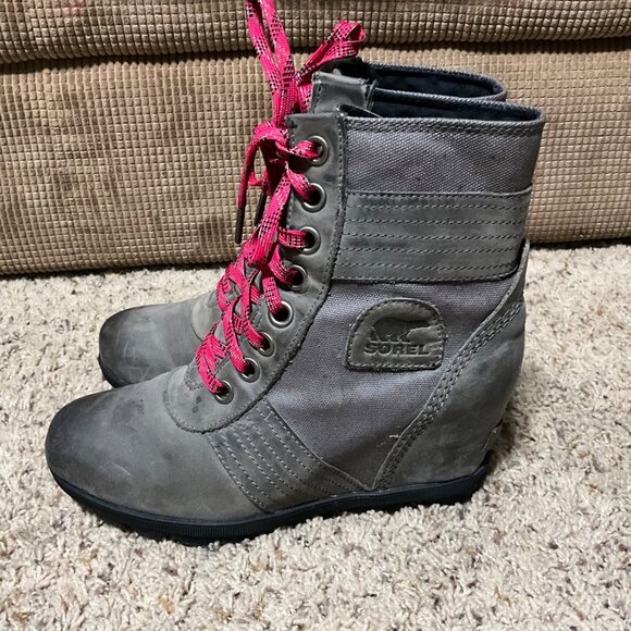 Sorel Womens Lace-Up Wedge Boots Size 8.5 Gray Leather & Canvas Upper With Pink - Picture 1 of 16